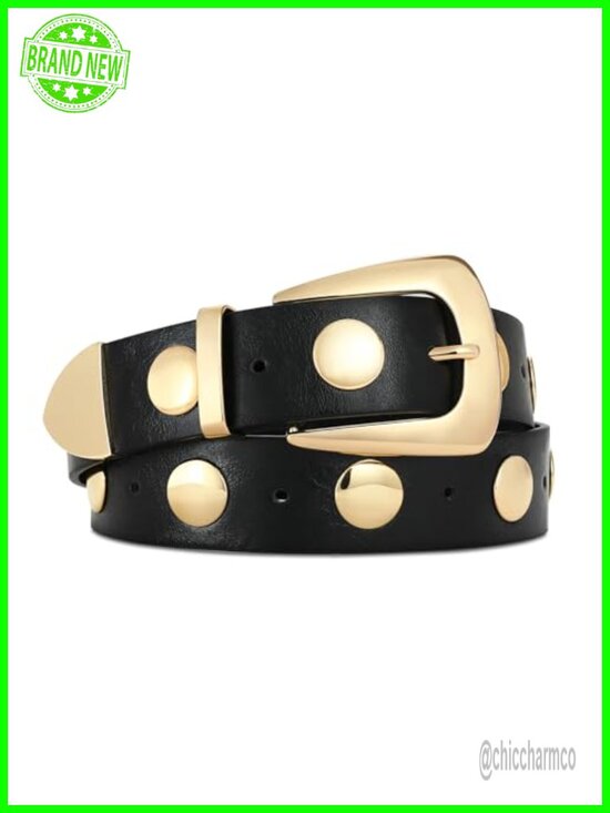 Gold Buckle Studded Faux Leather Punk Waist Belt for Jeans Dress